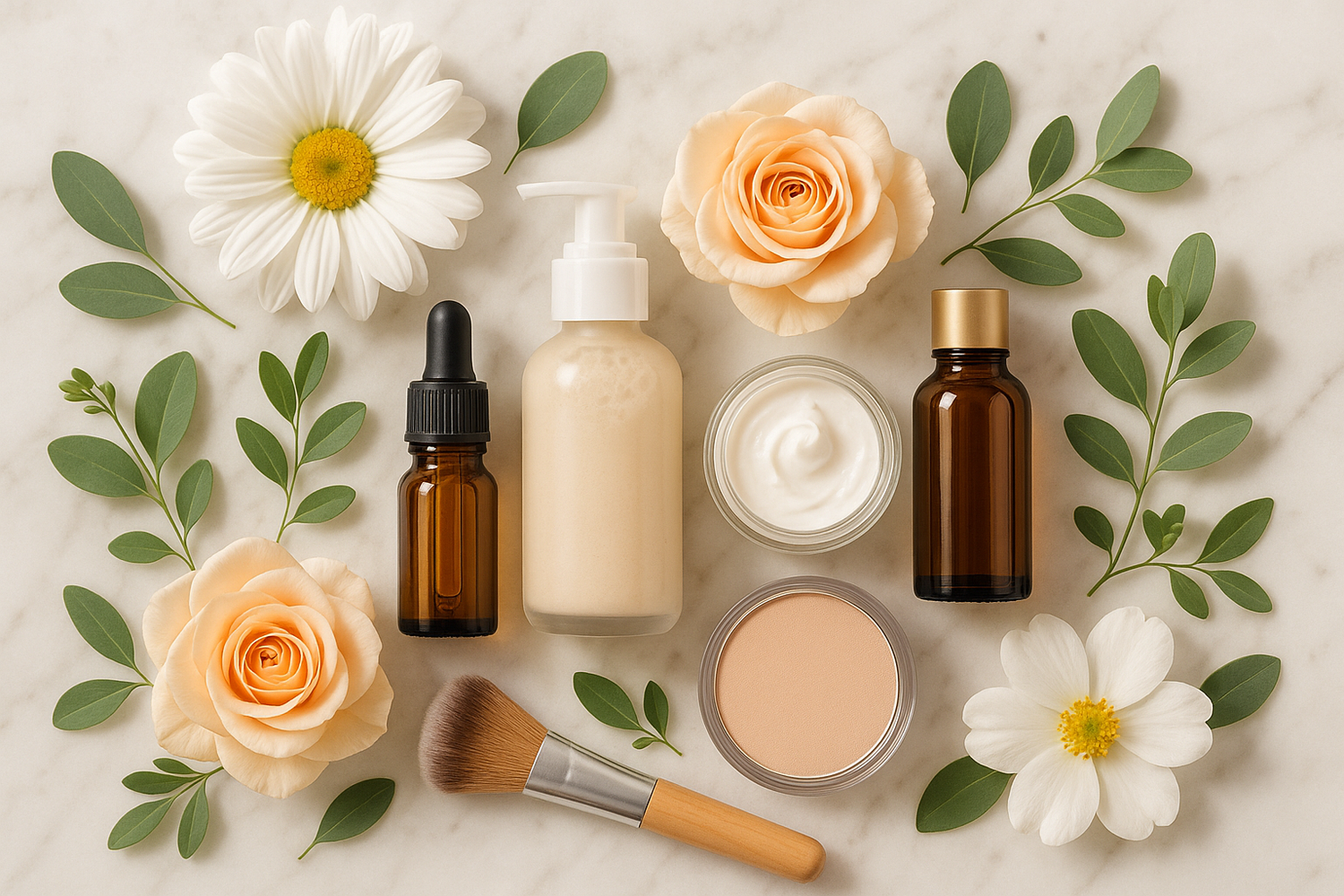 Elegant flat lay of natural beauty products with botanical skincare items, essential oils, fresh flowers and natural textures in soft lighting
