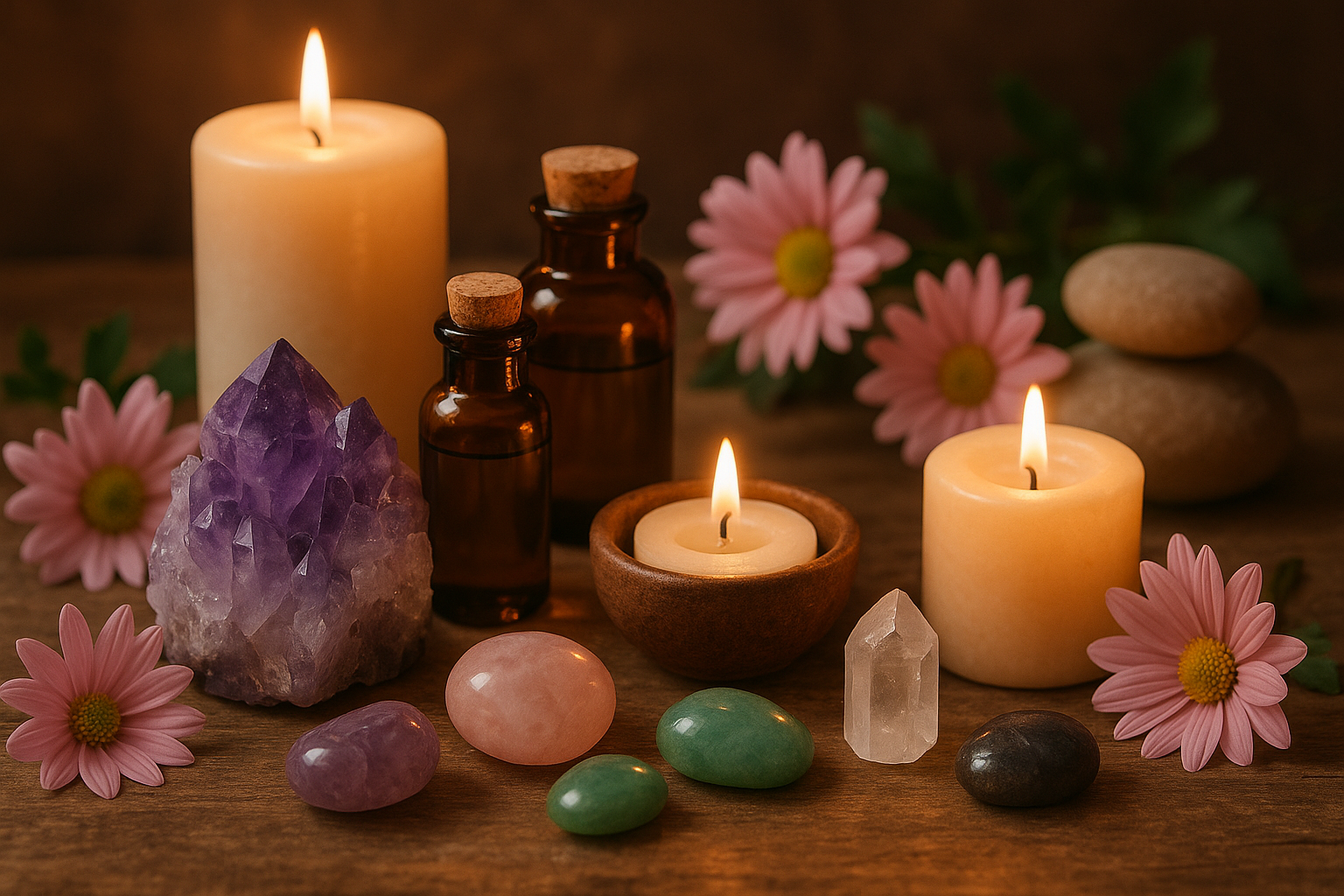 Spa wellness still life with crystals and candles